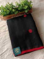 Premium Jaishree Black Linen Jamdani Saree with Red Polka Dot Buti and Contrast Border | Handloom Linen Saree with Running Blouse Piece