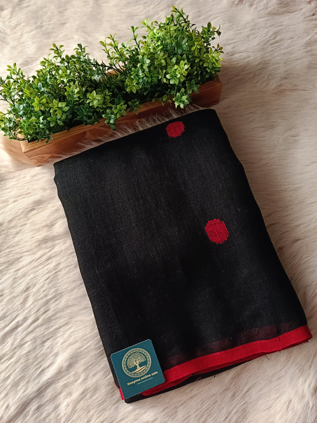Premium Jaishree Black Linen Jamdani Saree with Red Polka Dot Buti and Contrast Border | Handloom Linen Saree with Running Blouse Piece