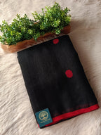 Premium Jaishree Black Linen Jamdani Saree with Red Polka Dot Buti and Contrast Border | Handloom Linen Saree with Running Blouse Piece