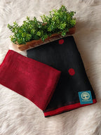 Premium Jaishree Black Linen Jamdani Saree with Red Polka Dot Buti and Contrast Border | Handloom Linen Saree with Running Blouse Piece