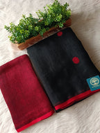 Premium Jaishree Black Linen Jamdani Saree with Red Polka Dot Buti and Contrast Border | Handloom Linen Saree with Running Blouse Piece