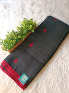 Premium Jaishree Black Linen Jamdani Saree with Red Polka Dot Buti and Contrast Border | Handloom Linen Saree with Running Blouse Piece