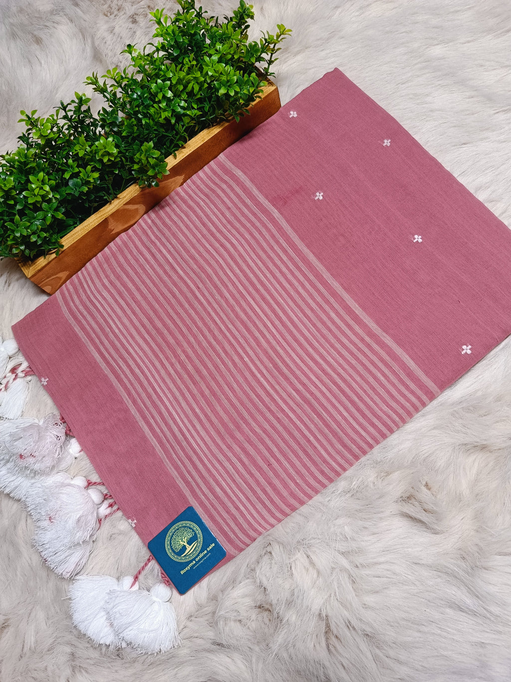 Handloom Cotton Baby Pink Saree with Contrast White Woven Butis