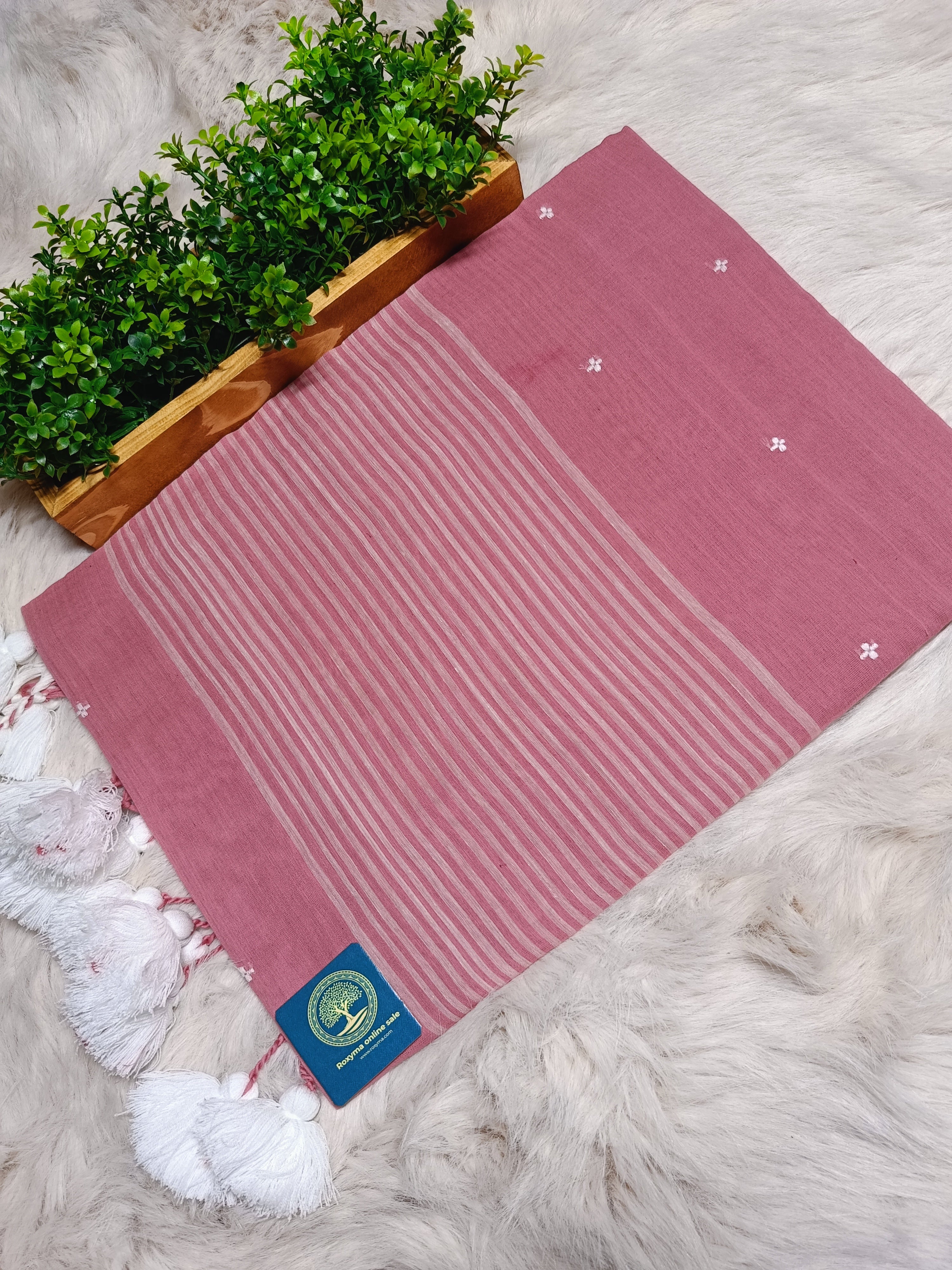 Handloom Cotton Baby Pink Saree with Contrast White Woven Butis