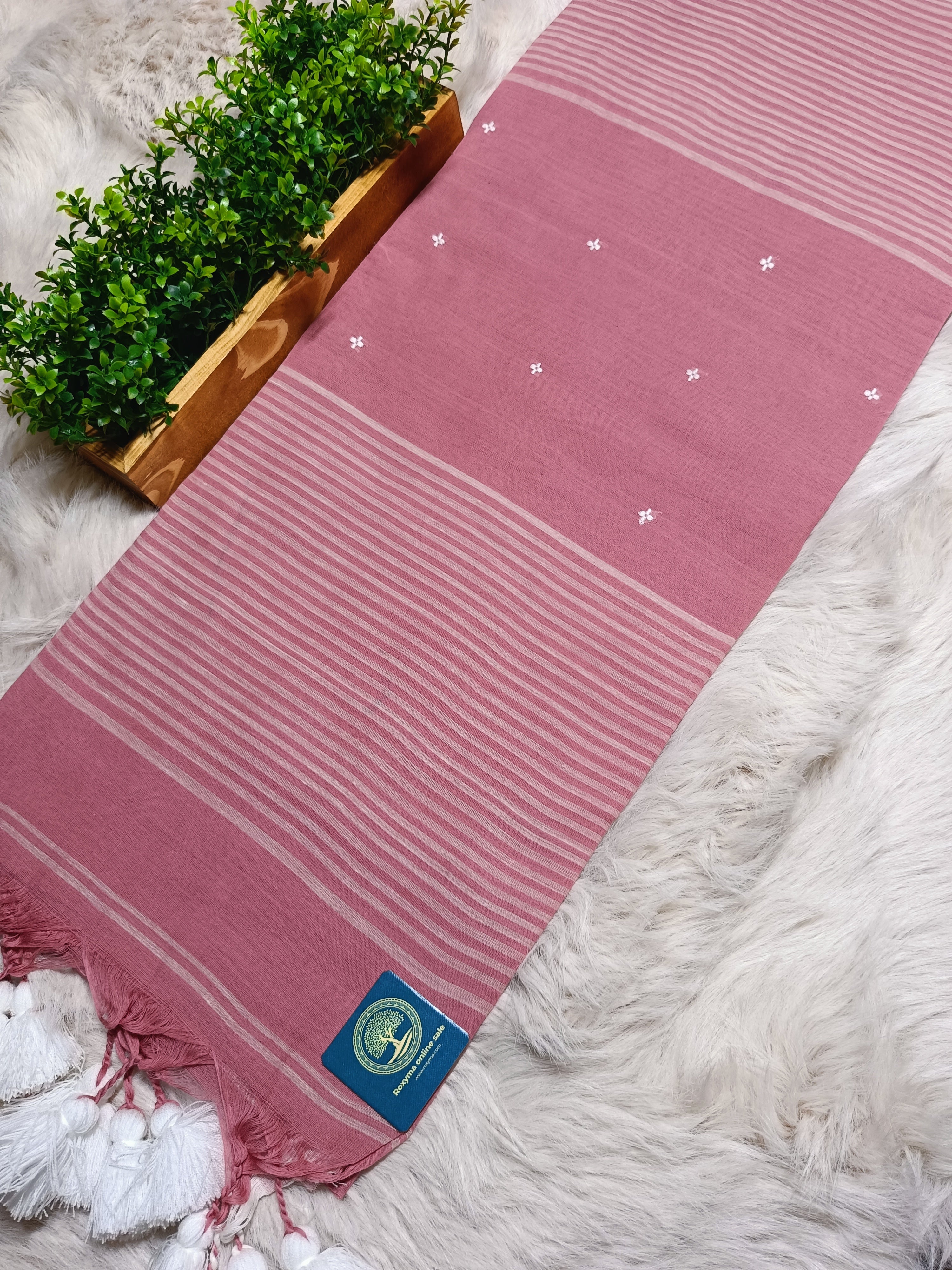 Handloom Cotton Baby Pink Saree with Contrast White Woven Butis