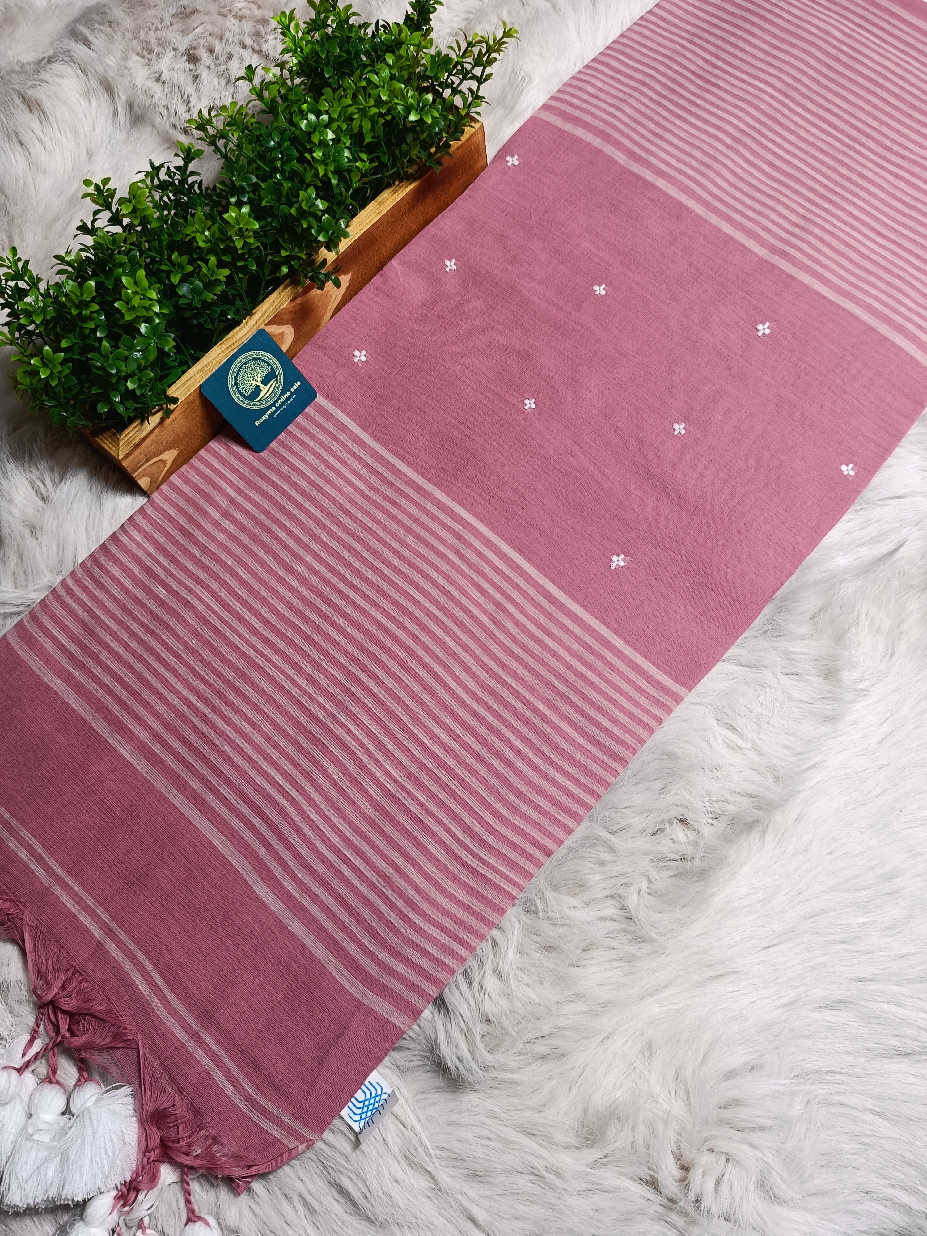 Handloom Cotton Baby Pink Saree with Contrast White Woven Butis