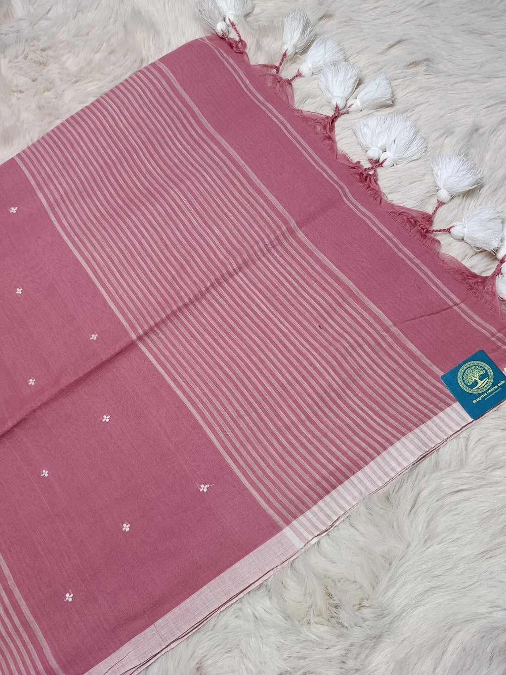 Handloom Cotton Baby Pink Saree with Contrast White Woven Butis