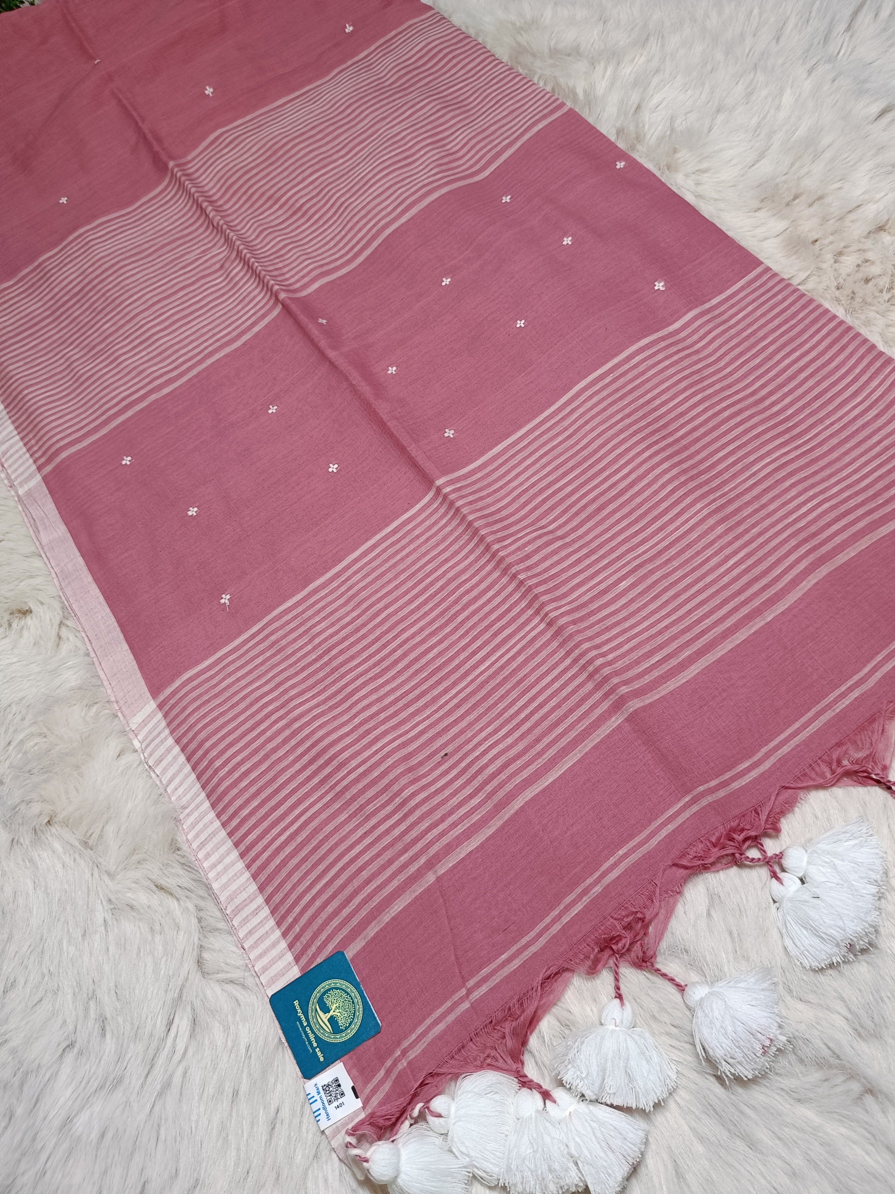 Handloom Cotton Baby Pink Saree with Contrast White Woven Butis