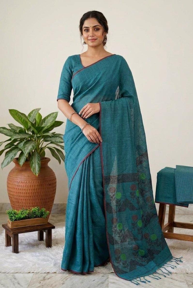 Turquoise Blue Jaishree Linen Saree with Handwoven Jamdani Pallu