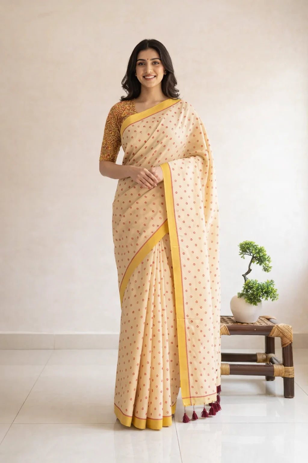 Mandakini Cream Mull Cotton Floral Printed Saree with Yellow Border | Soft Mulmul Cotton Saree | Lightweight Handloom Style