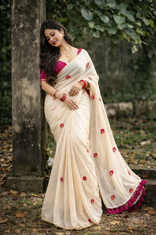 Off White Zari Mull Cotton Saree