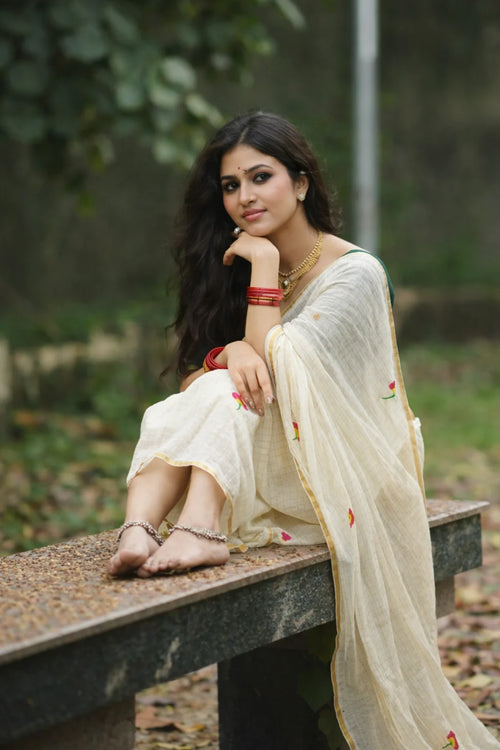 OffWhiteZariMullCottonSareewithEmbroideryWork