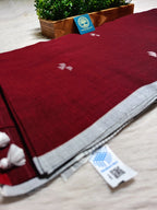 Premium Handwoven Cotton Jamdani Saree – Maroon with jamdani butties & Striped Pallu