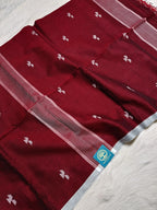 Premium Handwoven Cotton Jamdani Saree – Maroon with jamdani butties & Striped Pallu