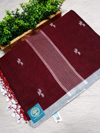 Premium Handwoven Cotton Jamdani Saree – Maroon with jamdani butties & Striped Pallu