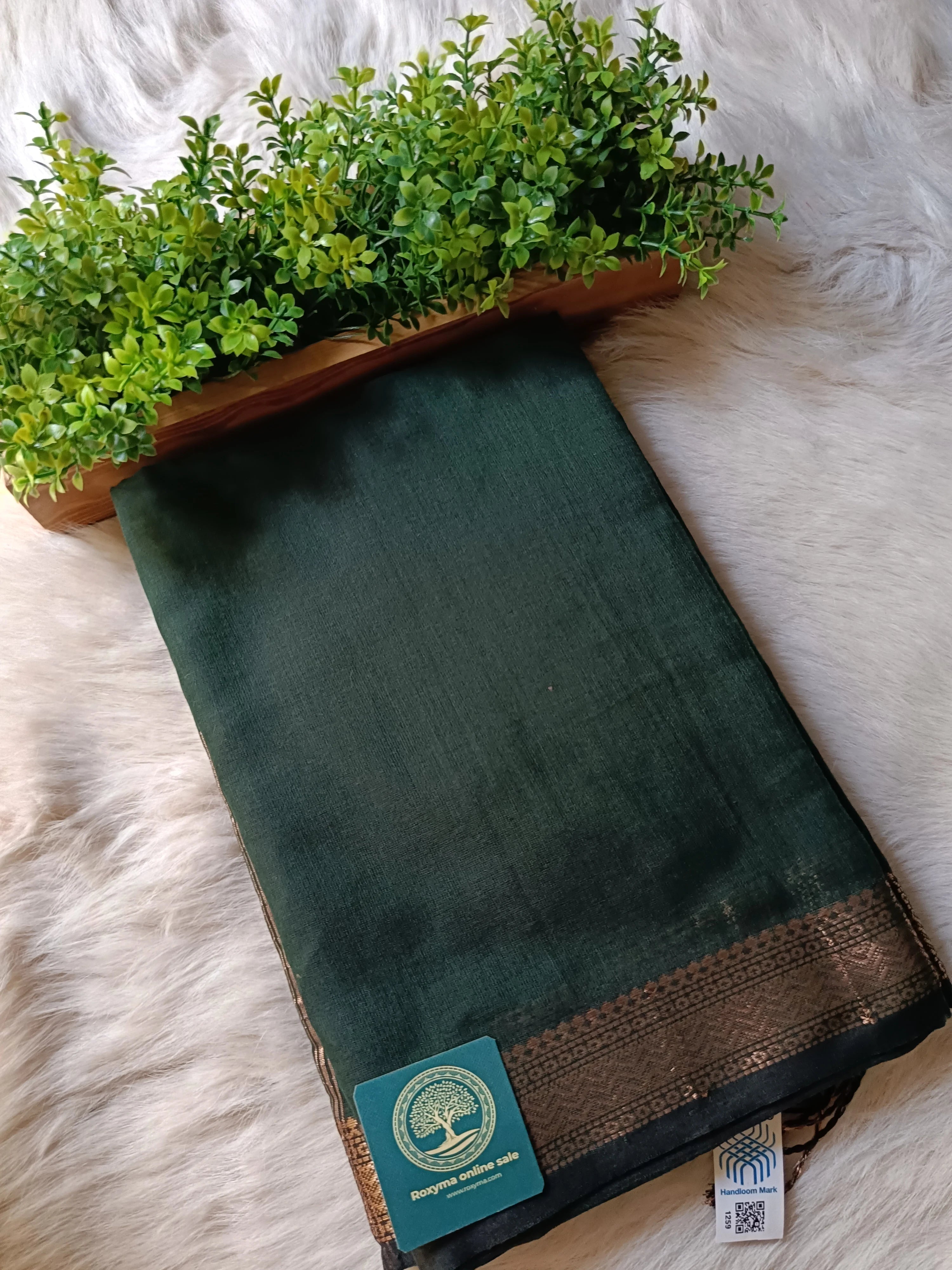 Premium Handwoven Cotton Saree with Tested Antique Zari Border | Elegant Dark Green Cotton Saree