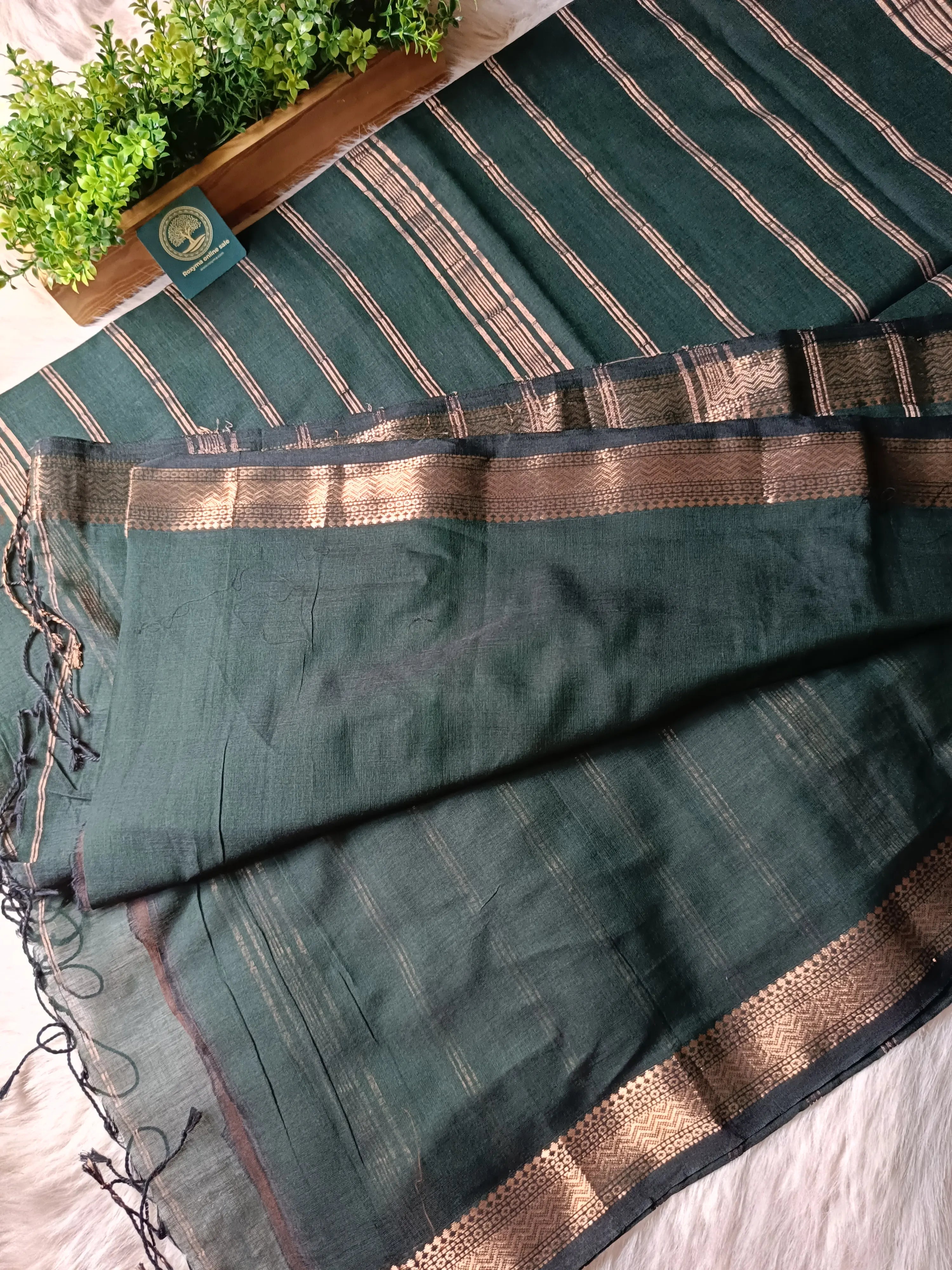 Premium Handwoven Cotton Saree with Tested Antique Zari Border | Elegant Dark Green Cotton Saree