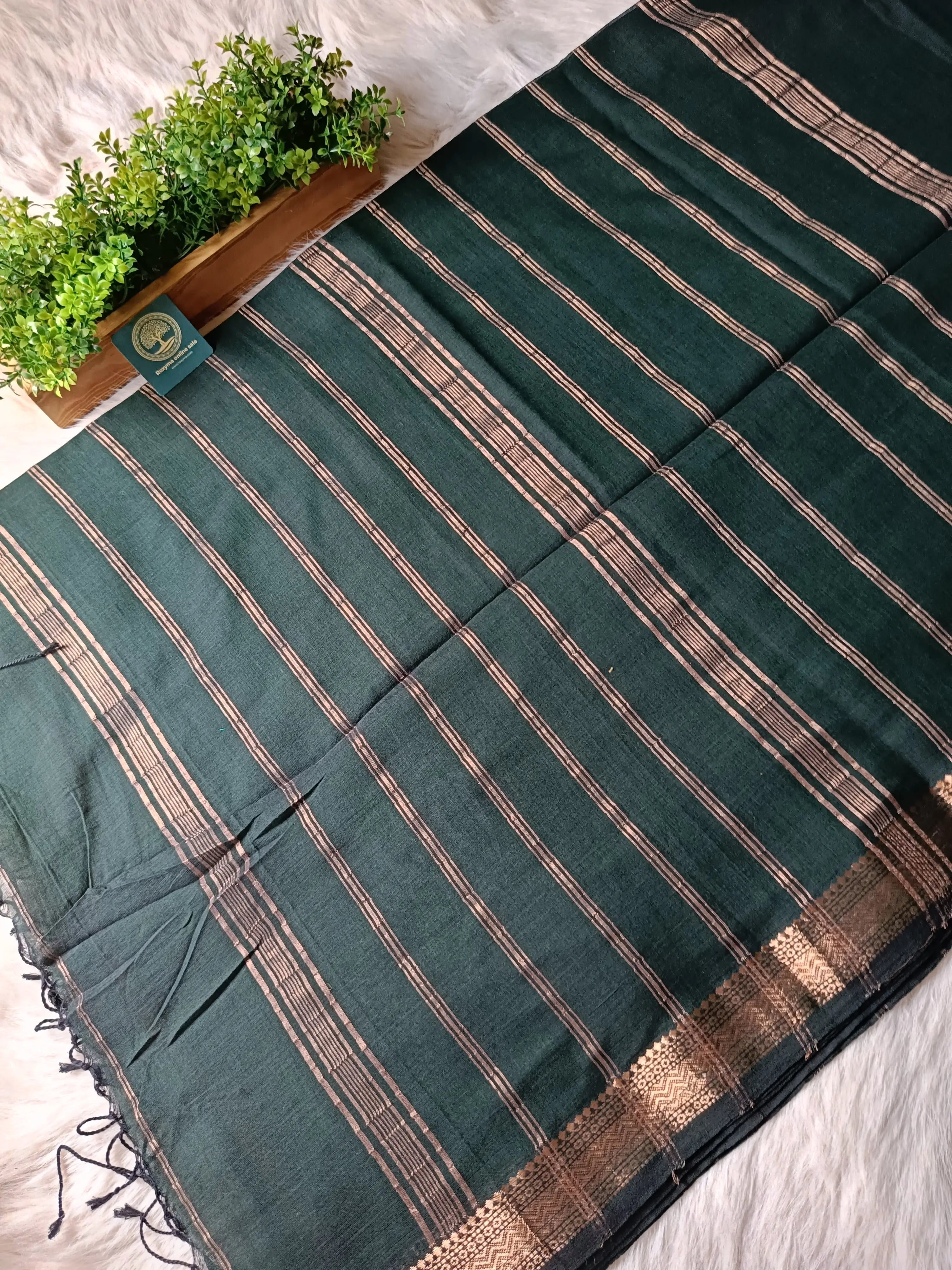 Premium Handwoven Cotton Saree with Tested Antique Zari Border | Elegant Dark Green Cotton Saree