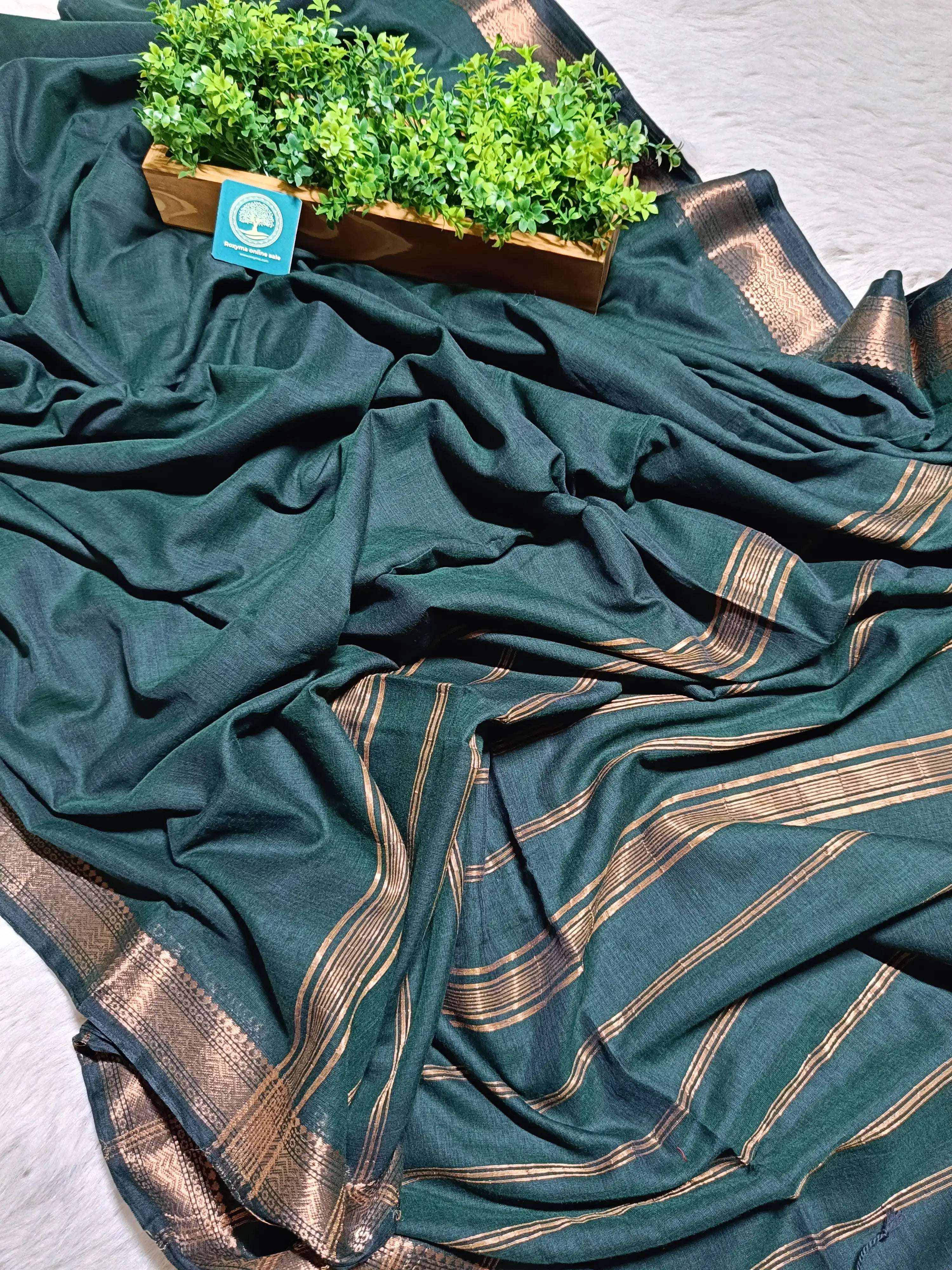 Premium Handwoven Cotton Saree with Tested Antique Zari Border | Elegant Dark Green Cotton Saree
