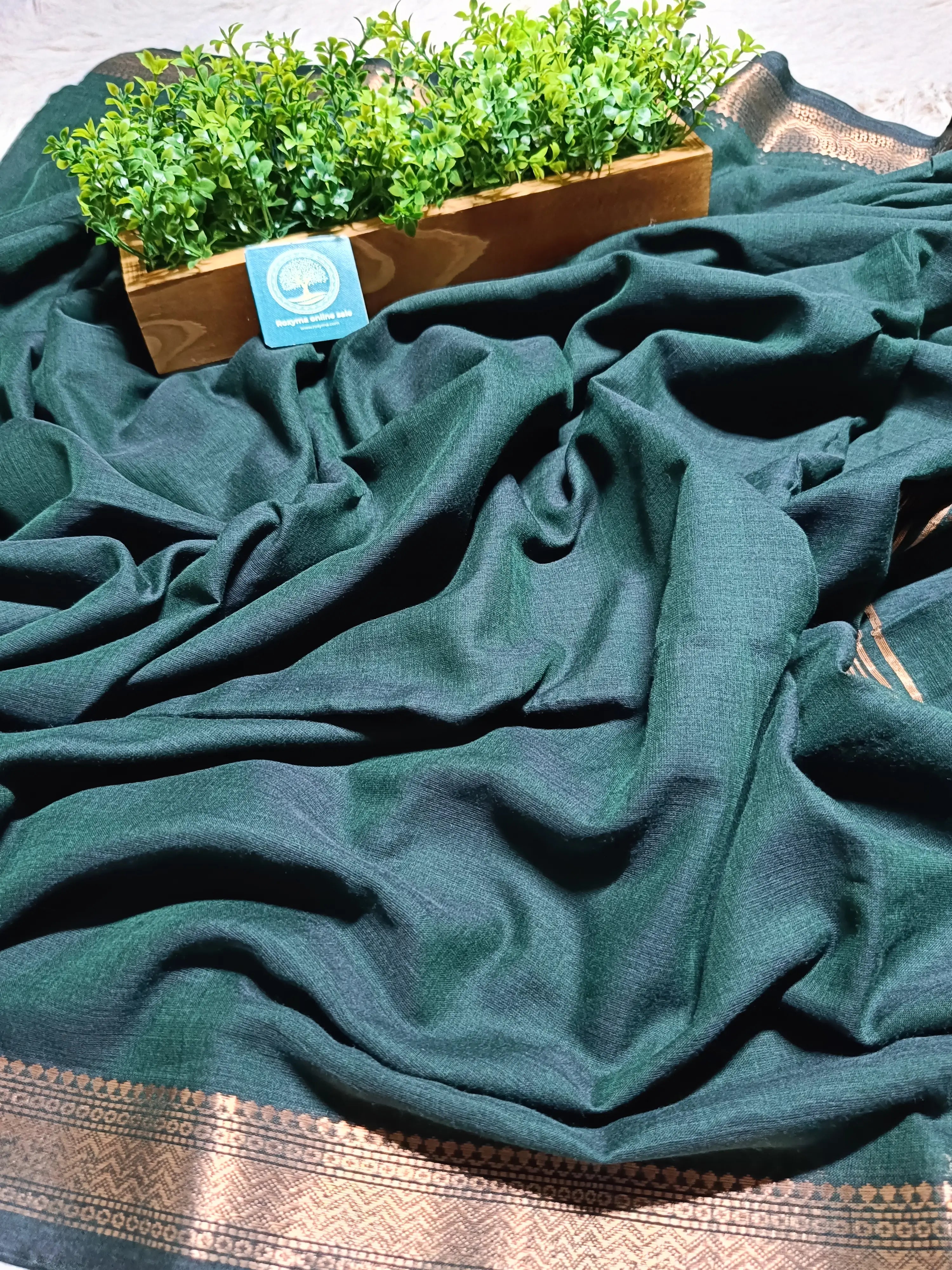 Premium Handwoven Cotton Saree with Tested Antique Zari Border | Elegant Dark Green Cotton Saree