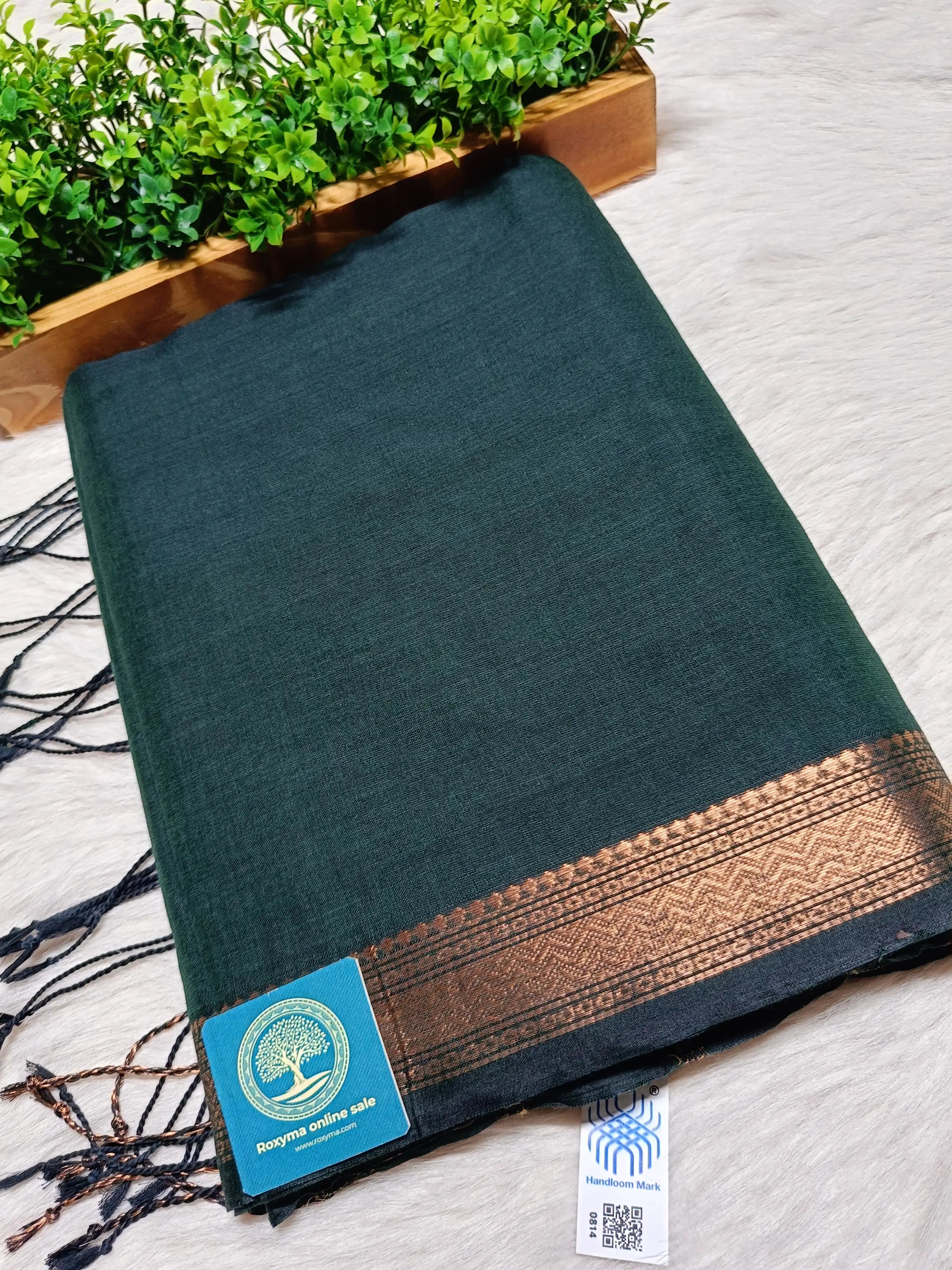 Premium Handwoven Cotton Saree with Tested Antique Zari Border | Elegant Dark Green Cotton Saree