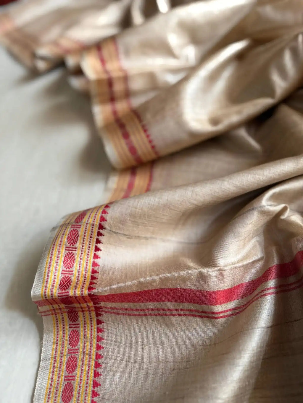RadhaRani- Premium Handwoven Tussar Silk Saree with Traditional Red Temple Border