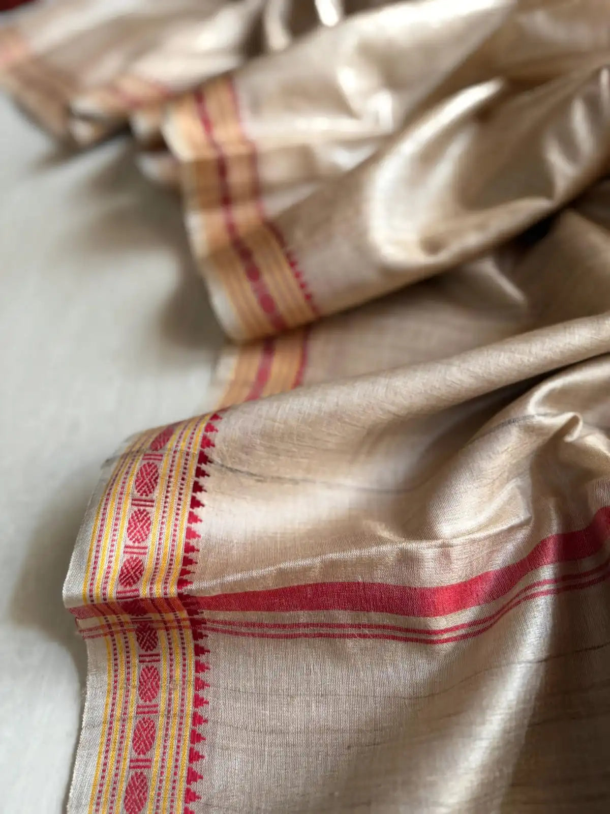 RadhaRani- Premium Handwoven Tussar Silk Saree with Traditional Red Temple Border