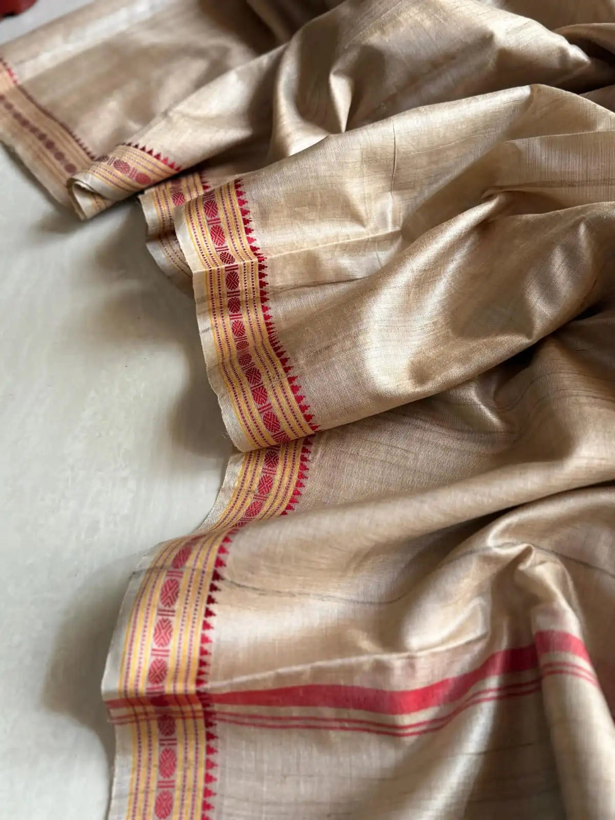 RadhaRani- Premium Handwoven Tussar Silk Saree with Traditional Red Temple Border