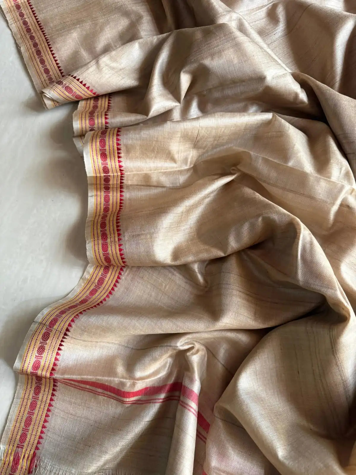 RadhaRani- Premium Handwoven Tussar Silk Saree with Traditional Red Temple Border