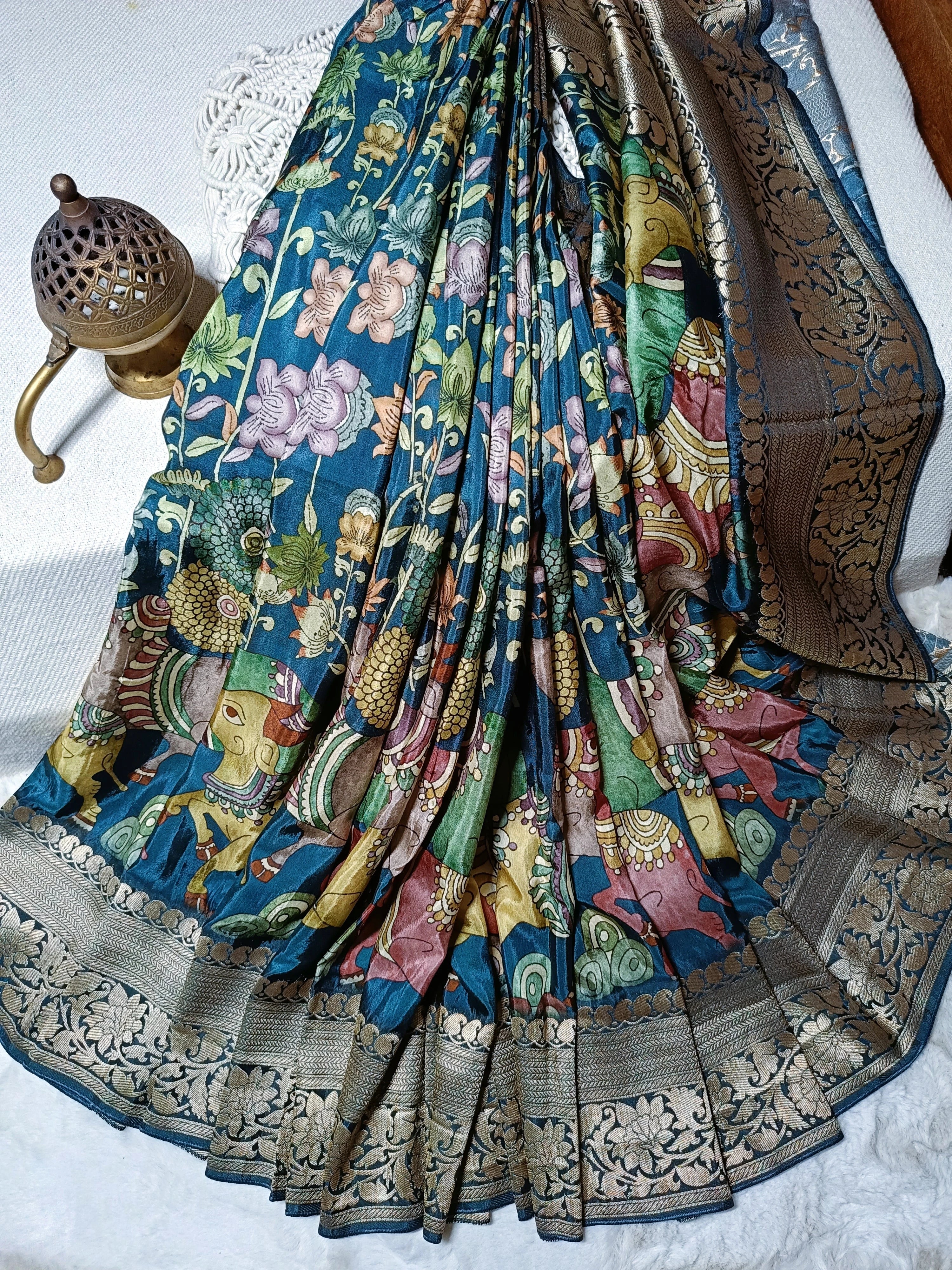 Premium Muga Silk Kalamkari Printed Saree with Zari Border & Blouse Piece | Elegant Traditional Designer Saree