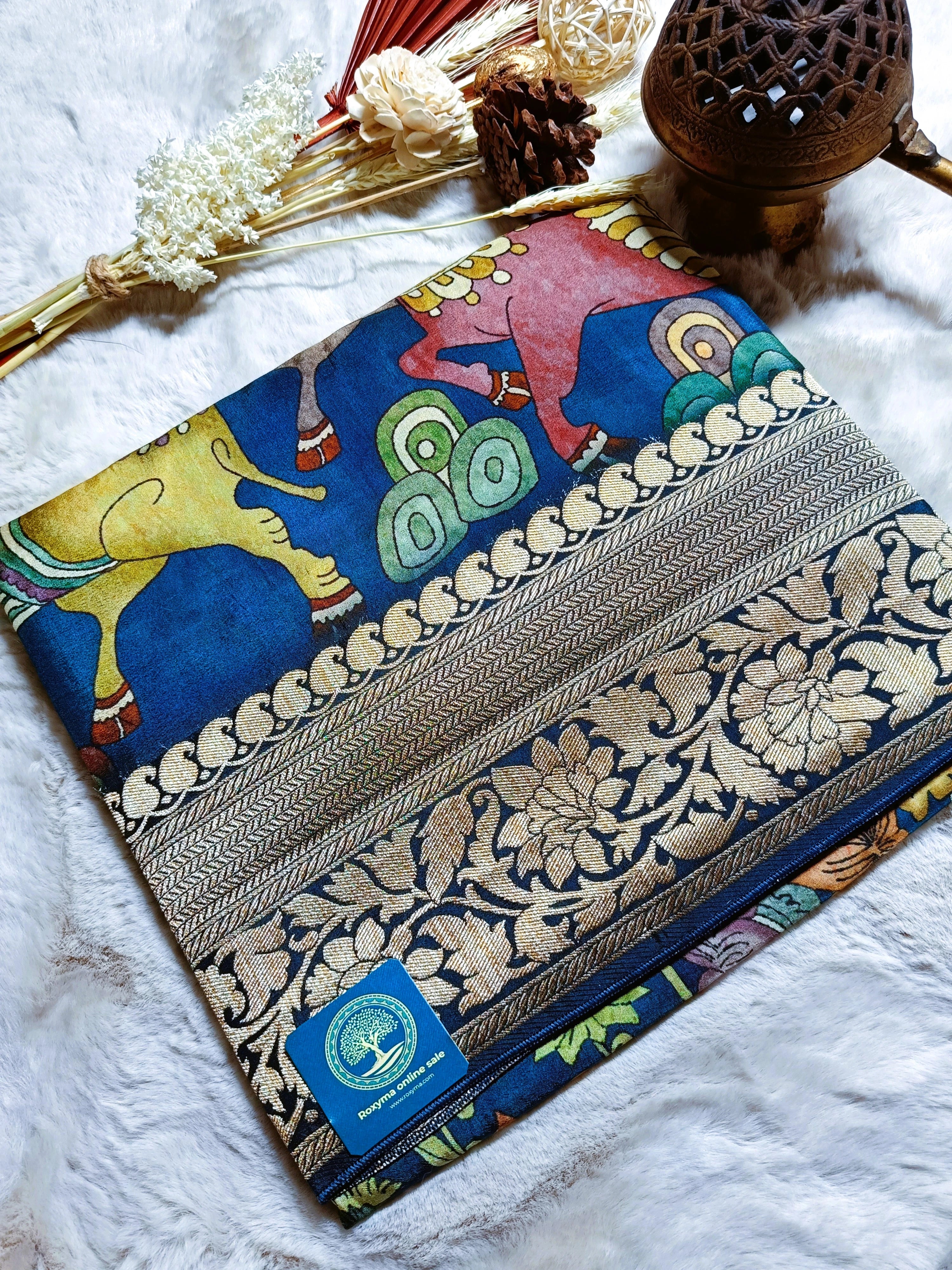 Premium Muga Silk Kalamkari Printed Saree with Zari Border & Blouse Piece | Elegant Traditional Designer Saree