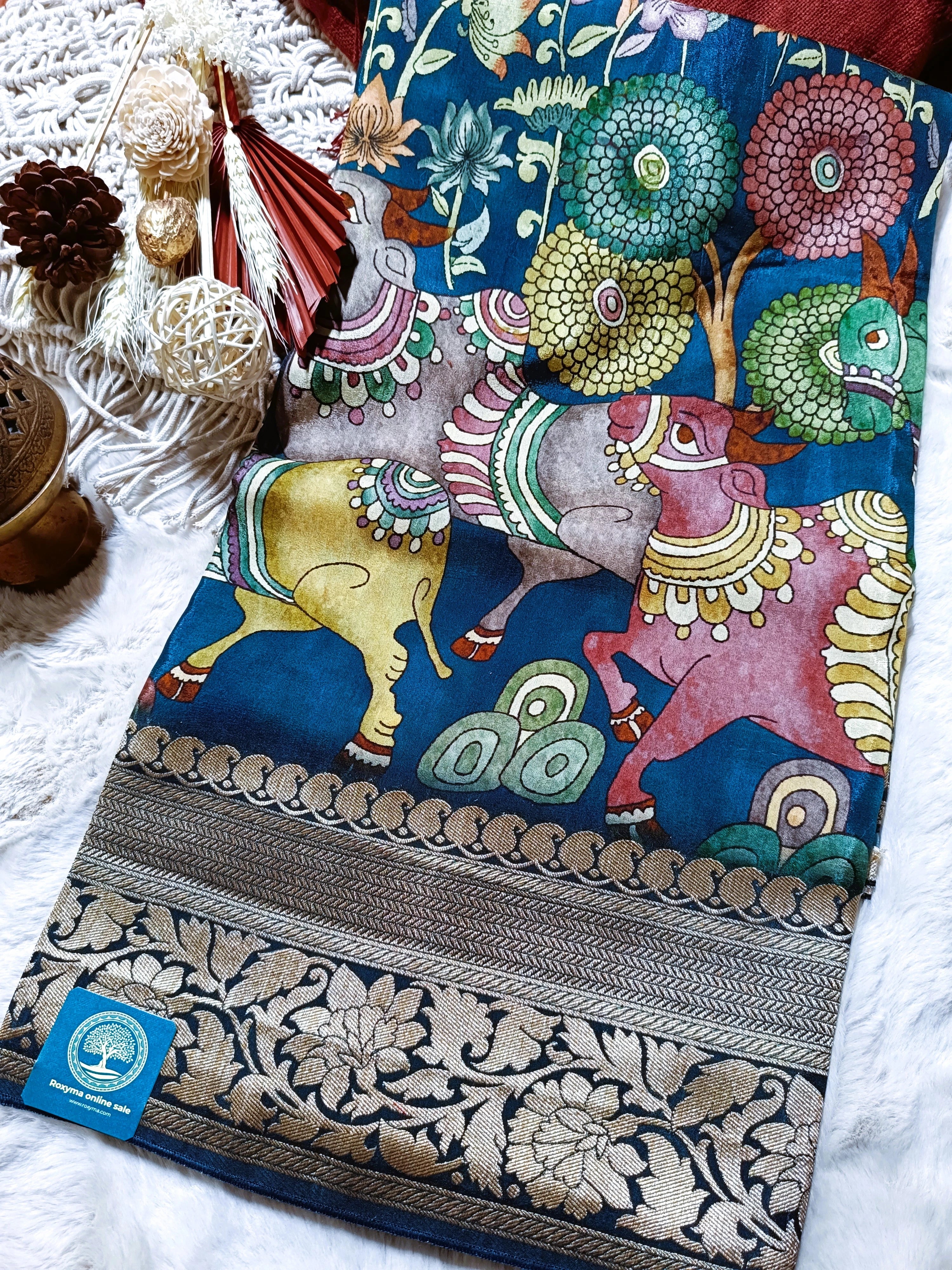 Premium Muga Silk Kalamkari Printed Saree with Zari Border & Blouse Piece | Elegant Traditional Designer Saree