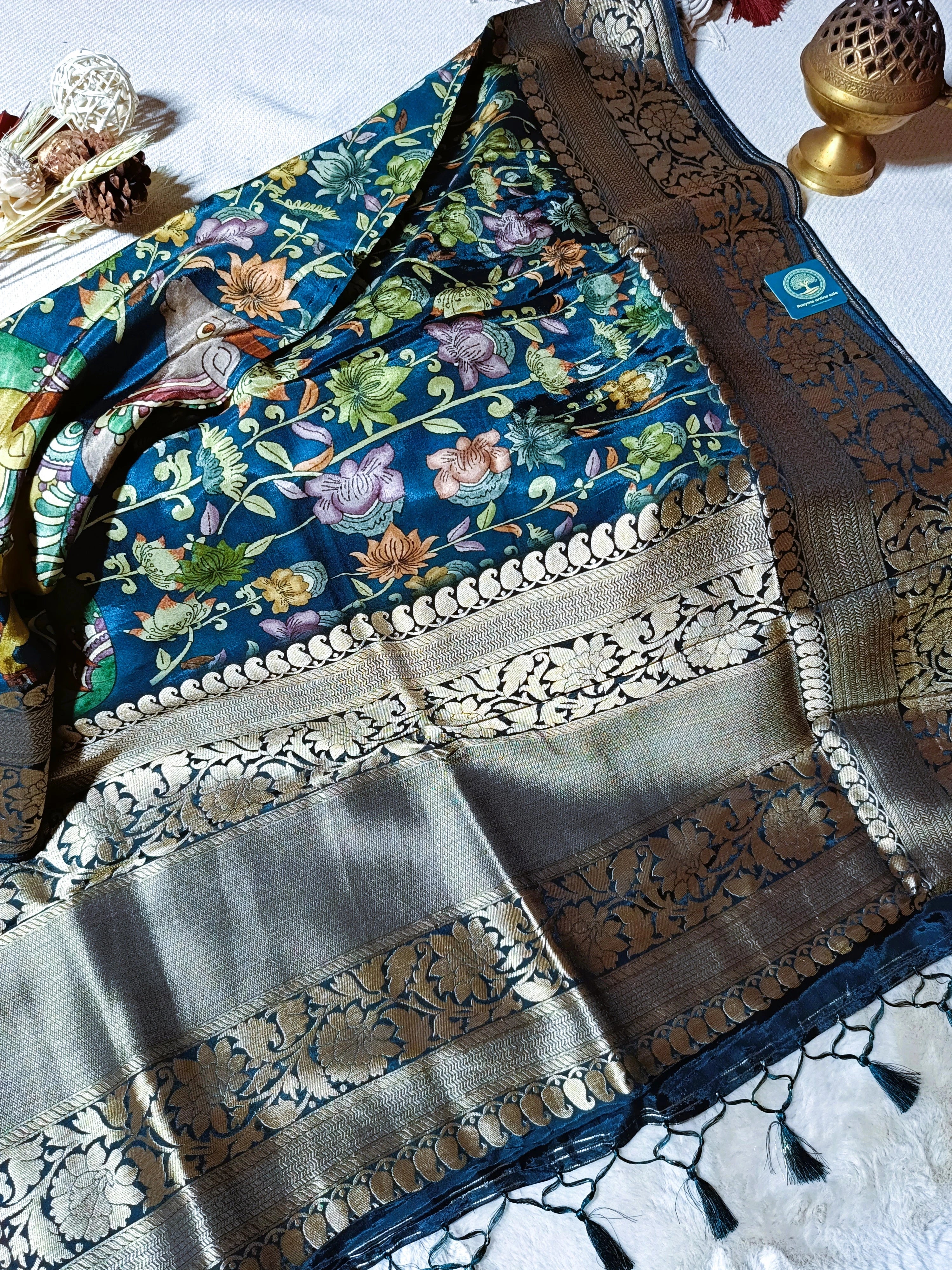 Premium Muga Silk Kalamkari Printed Saree with Zari Border & Blouse Piece | Elegant Traditional Designer Saree