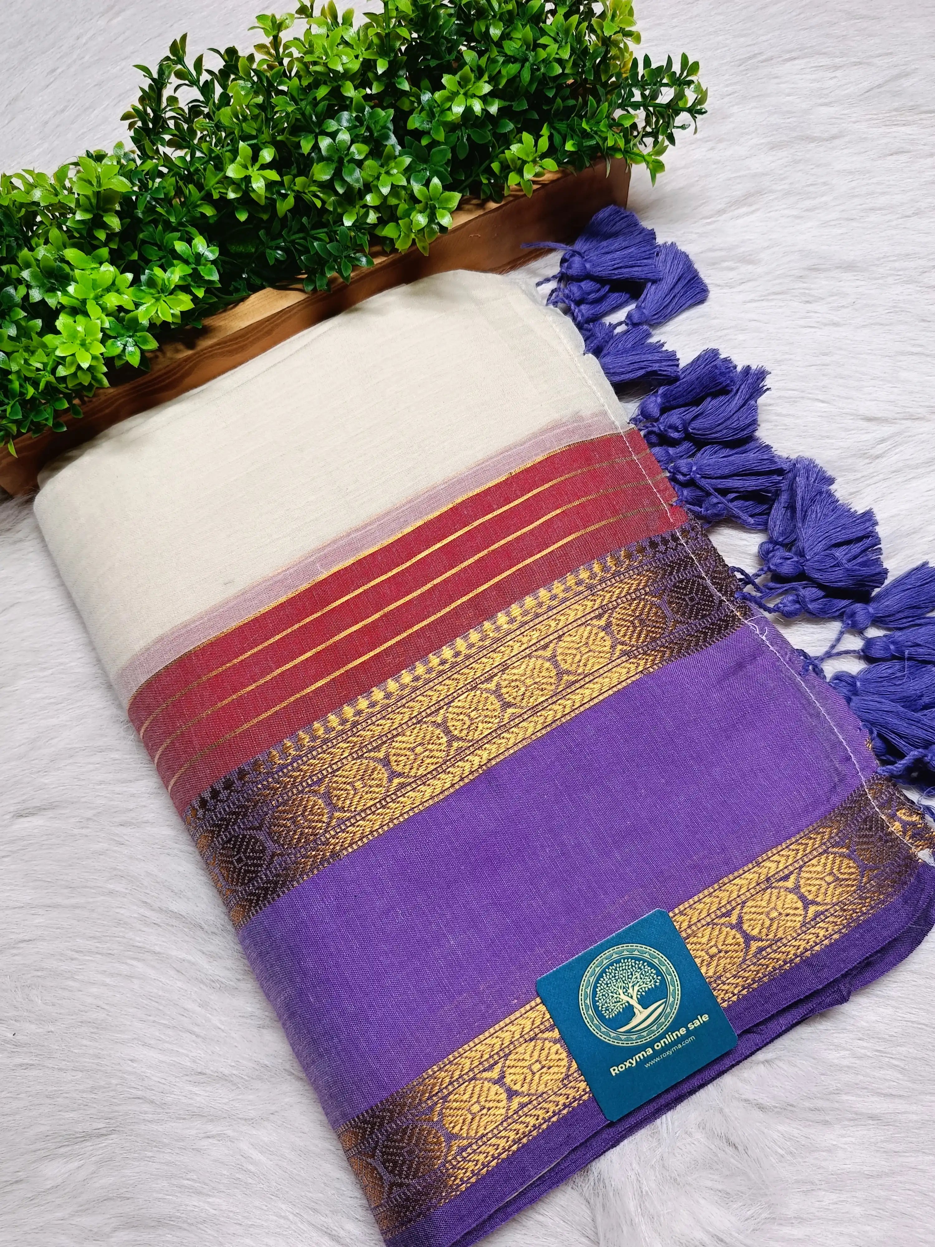 Premium Mull Cotton Saree with Contrast Purple Zari Border