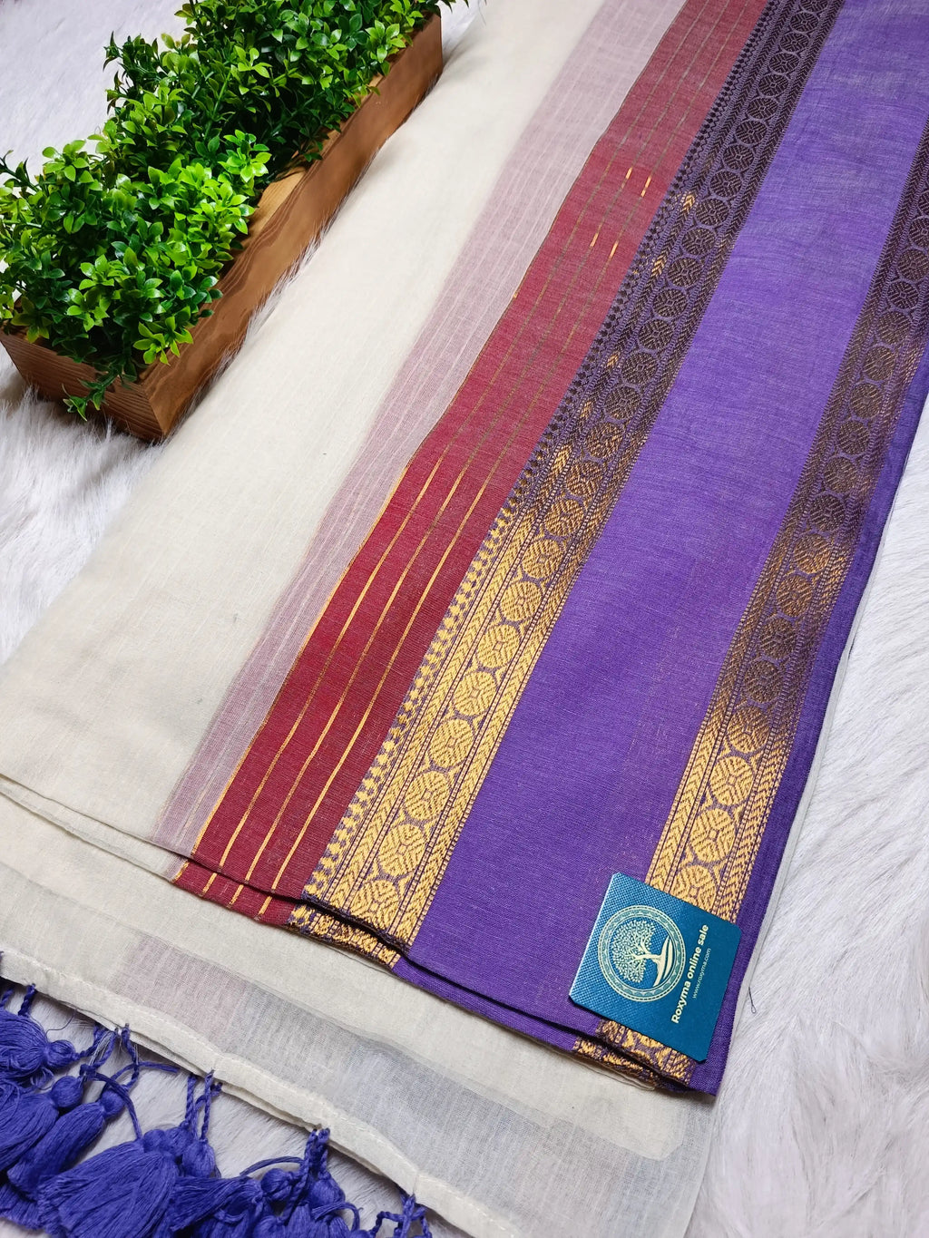Premium Mull Cotton Saree with Contrast Purple Zari Border