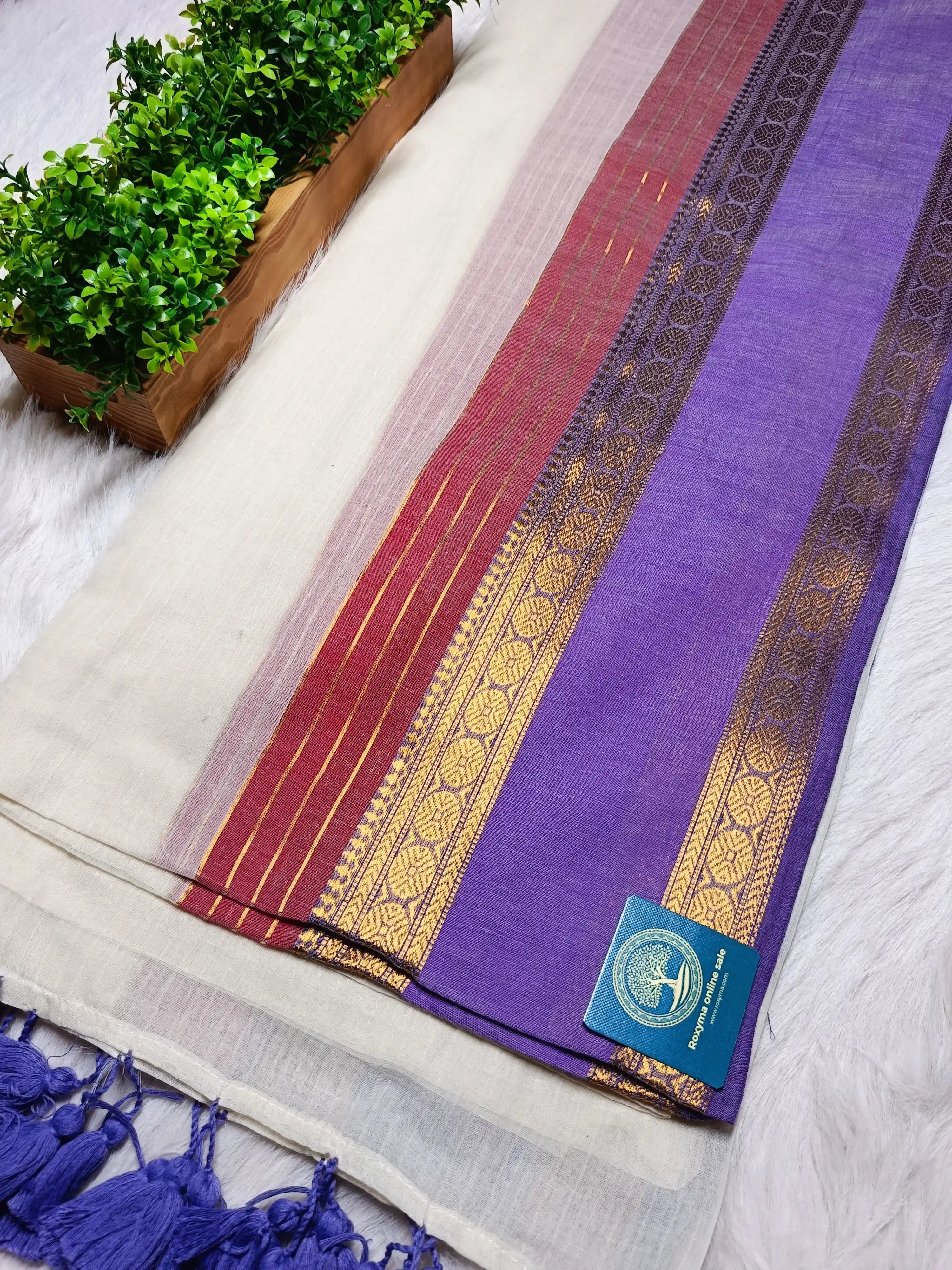 Premium Mull Cotton Saree with Contrast Purple Zari Border