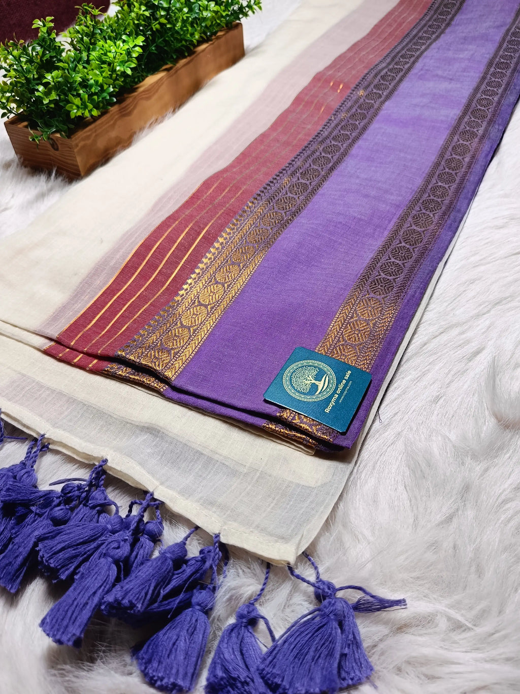 Premium Mull Cotton Saree with Contrast Purple Zari Border