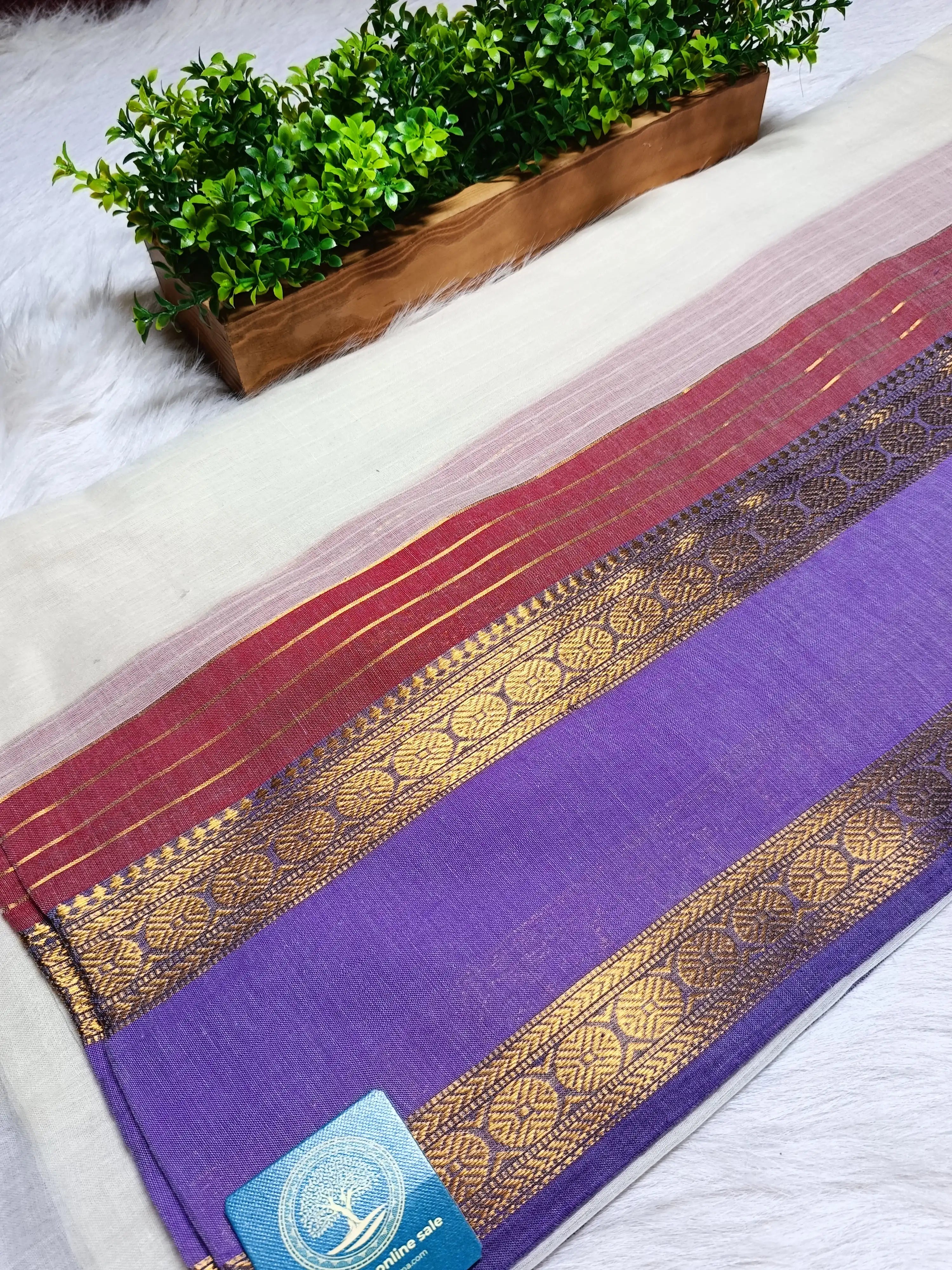 Premium Mull Cotton Saree with Contrast Purple Zari Border