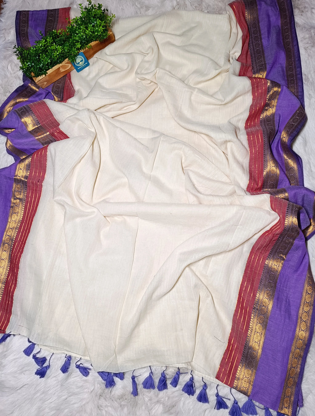 Premium Mull Cotton Saree with Contrast Purple Zari Border