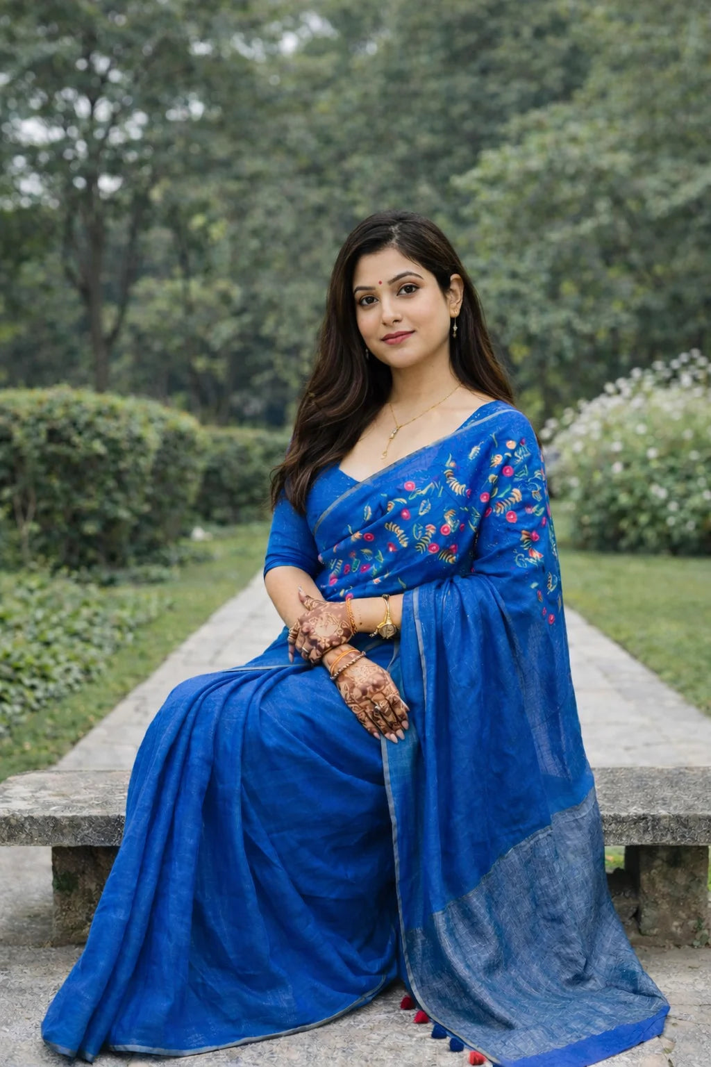 Premium Quality Blue Linen Saree with Elegant Multicolor Embroidery and Tassels 3