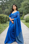 Premium Quality Blue Linen Saree with Elegant Multicolor Embroidery and Tassels