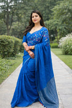 Premium Quality Blue Linen Saree with Elegant Multicolor Embroidery and Tassels