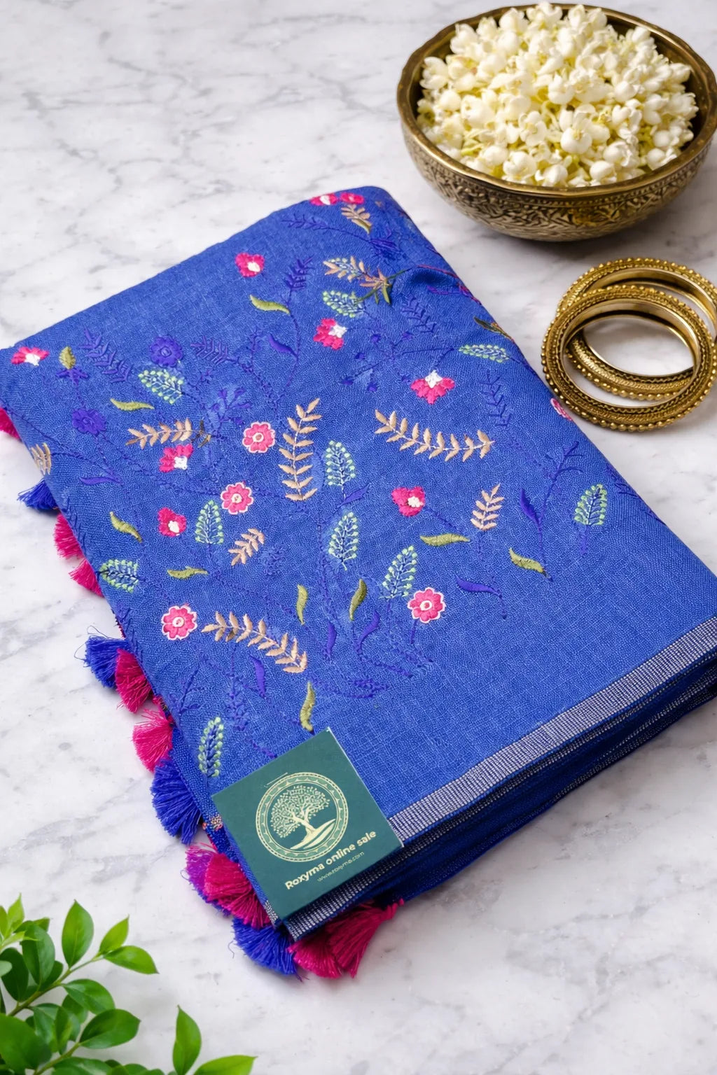 Premium Quality Blue Linen Saree with Elegant Multicolor Embroidery and Tassels 1