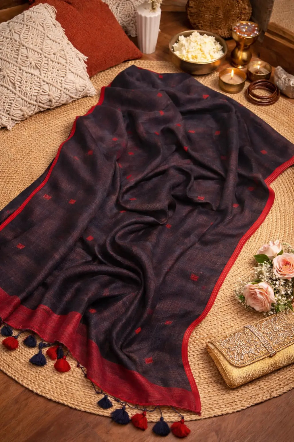 Premium Black Linen Saree with Red Jamdani Buties & Contrast Running Blouse Piece