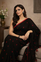 Premium Jaishree Black Linen Jamdani Saree with Red Polka Dot Buti and Contrast Border 1