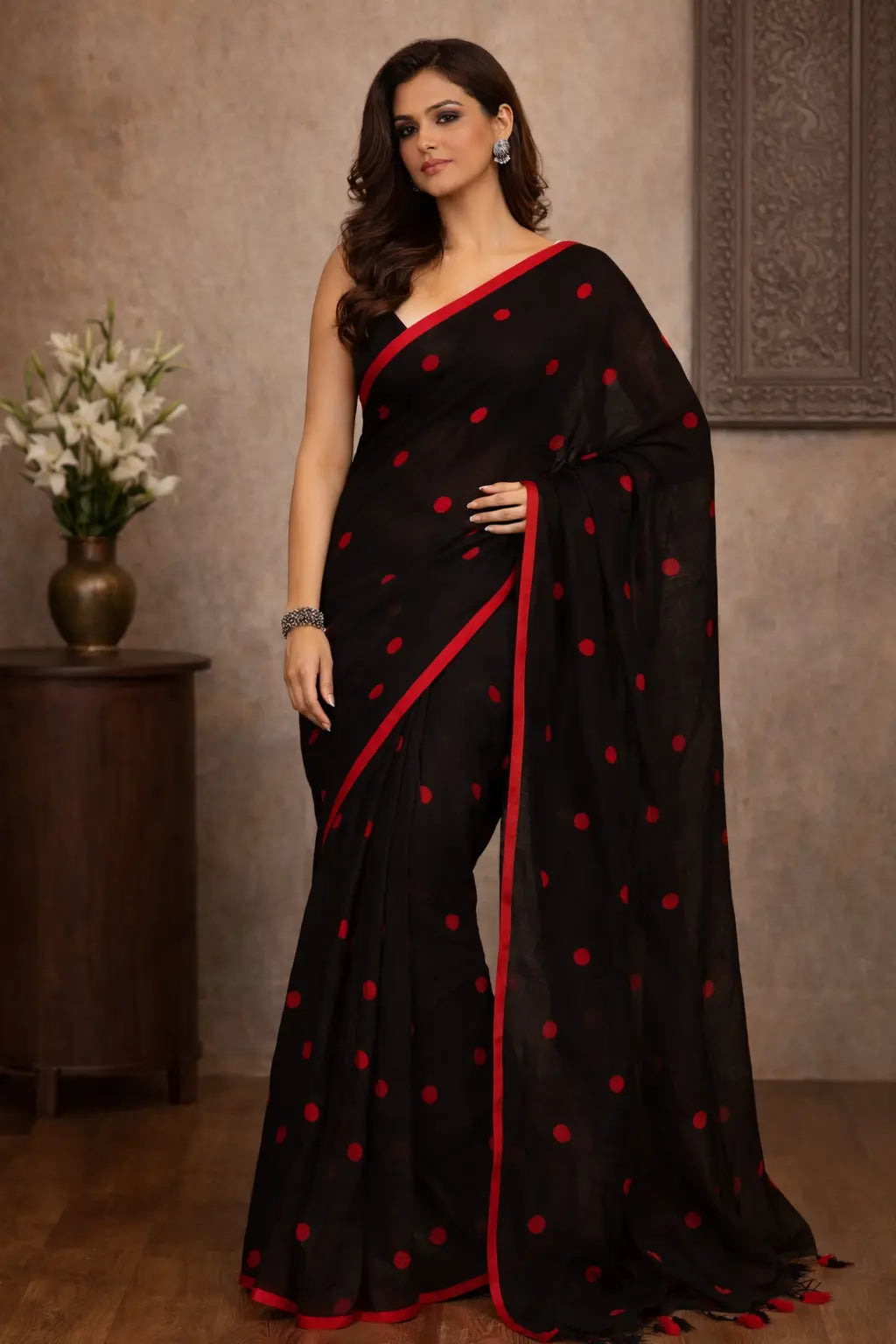 Premium Jaishree Black Linen Jamdani Saree with Red Polka Dot Buti and Contrast Border