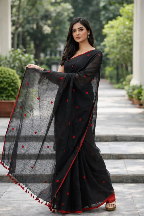 Premium_Black_Linen_Saree_with_Red_Jamdani_Buties_Contrast_Running_Blouse_Piece_5 2