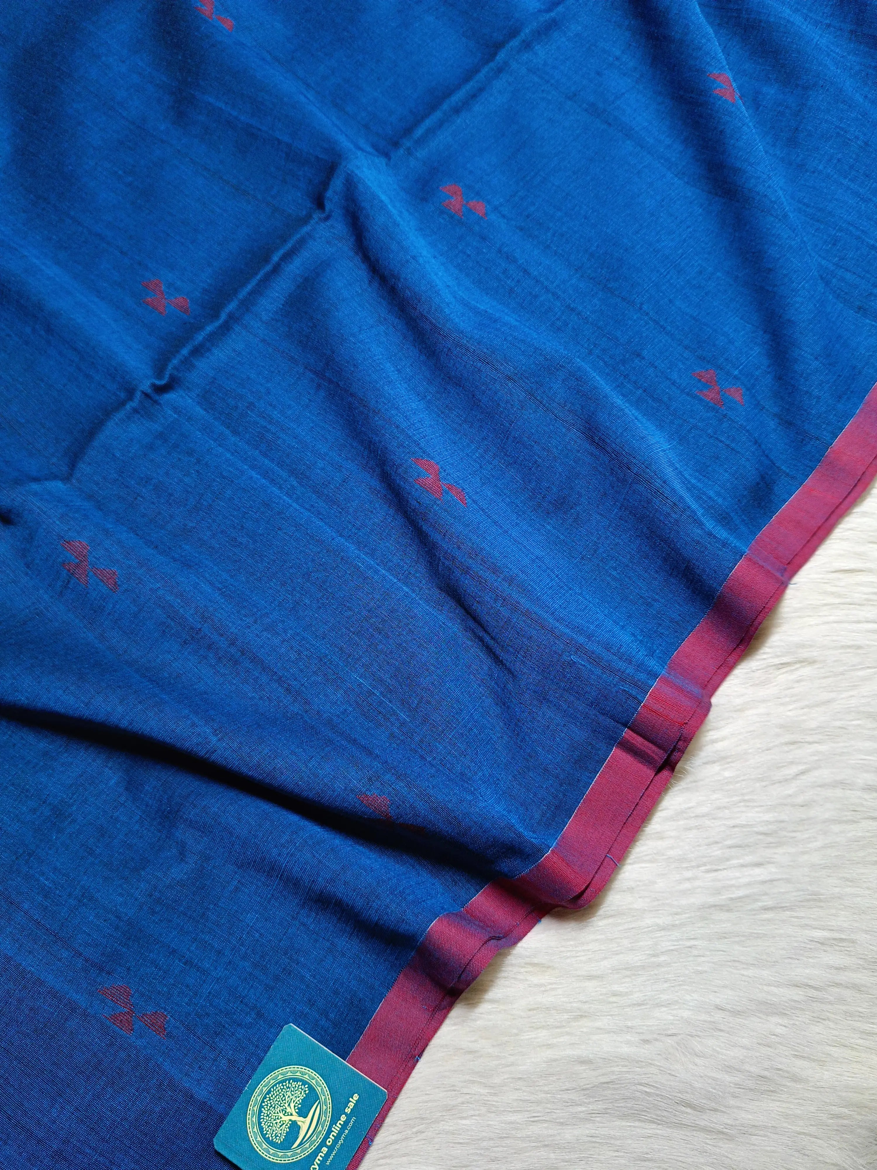 Pure Bengal Handloom Cotton Jamdani Saree in Royal Blue with Red Buti Work & Running Blouse Piece