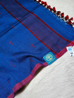 Pure Bengal Handloom Cotton Jamdani Saree in Royal Blue with Red Buti Work & Running Blouse Piece