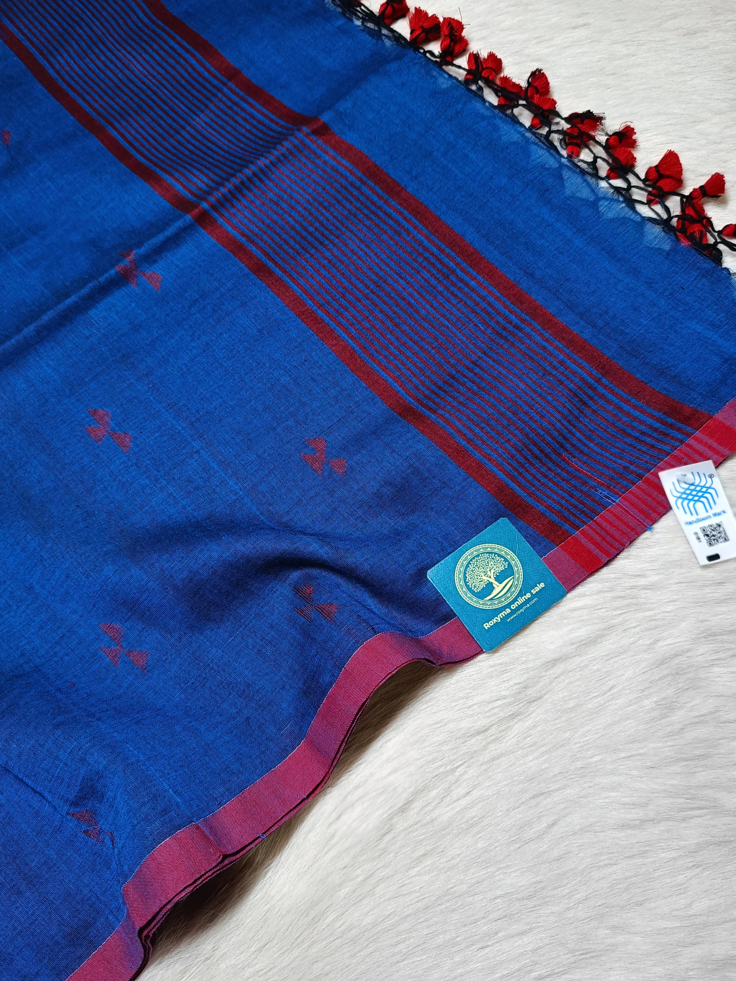 Pure Bengal Handloom Cotton Jamdani Saree in Royal Blue with Red Buti Work & Running Blouse Piece